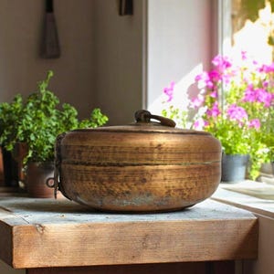 May include: A round, antique brass container with a lid and a handle. The container is sitting on a wooden surface. The container has a dark, aged patina. The background includes potted plants and a window with flowers.