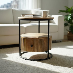 Hand-Crafted Mango Wood Round Accent Table with Drawer