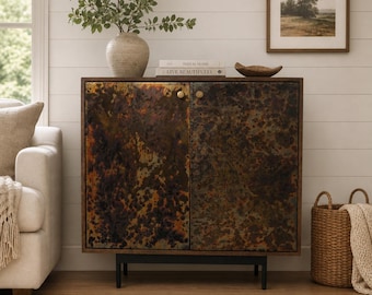 Hand‑Crafted Wood Cabinet with Patina Metal Doors – Modern Farmhouse Accent Storage Sideboard
