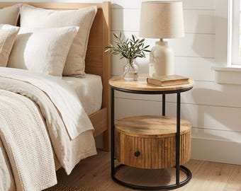 Hand-Crafted Mango Wood Round Rustic Modern Nightstand with Drawer