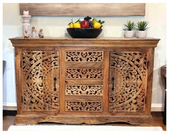 NEW Hand-carved Solid Wood Sideboard Buffet Cabinet with Intricate Carved Doors 53x16x32