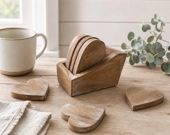 Handmade Mango Wood Heart Coasters Set with Holder