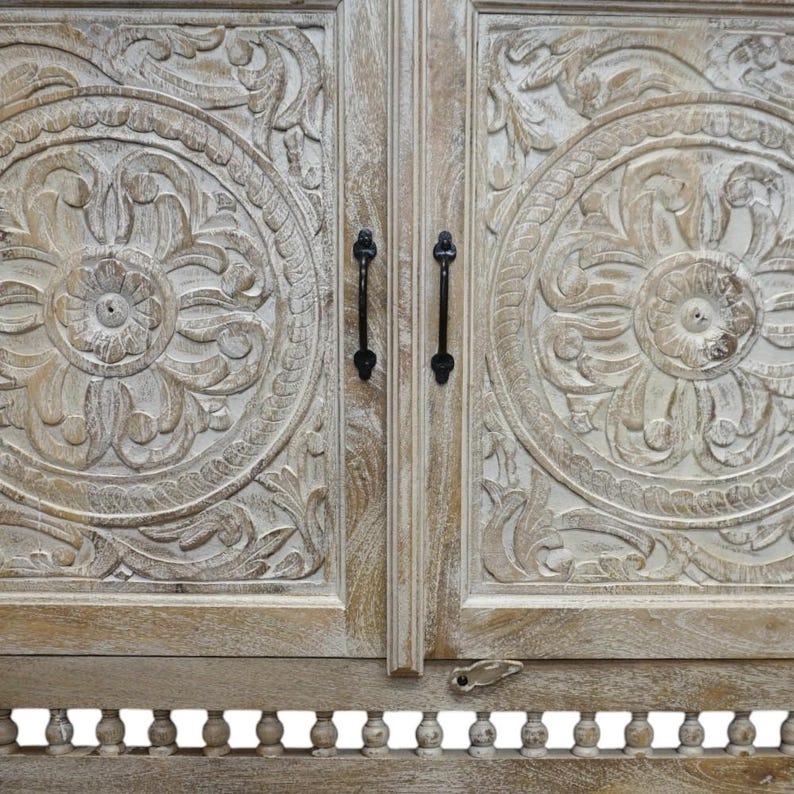 Hand-Carved Mango Wood Sideboard: Sandblasted Buffet Cabinet Limited Stock image 7