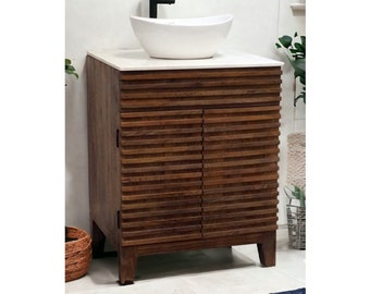 NEW Stunning Hand-Crafted Modern Style Solid Wood Single Vanity with Marble Top and Basin