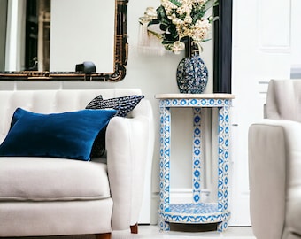 Hand-crafted Blue and White Bone Inlay Side Table. Accent Table| 16x16x27| Tall Accent Table