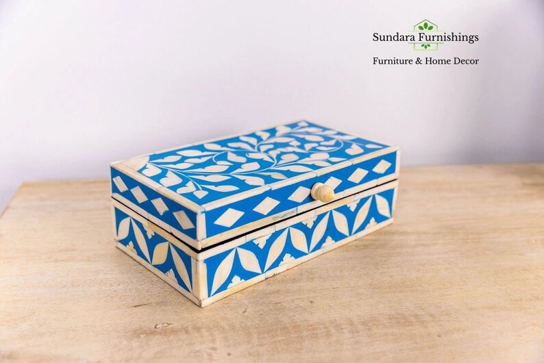 Hand-crafted Blue Inlay Jewelry Box: Floral Geometric Keepsake (9x5x3 ...