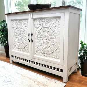 Handmade Mango Wood Sideboard. Perfect For Storing Crockery or Other Items. Handcarved Solid Wood Buffet Cabinet.