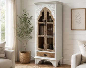 Handcrafted Whitewashed Mango Wood Arched Display Cabinet