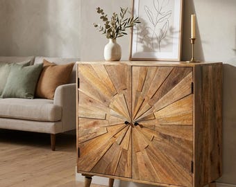 Hand-Crafted Mango Wood Cabinet with Sunburst Doors