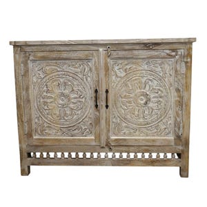Hand-Carved Mango Wood Sideboard: Sandblasted Buffet Cabinet Limited Stock image 3