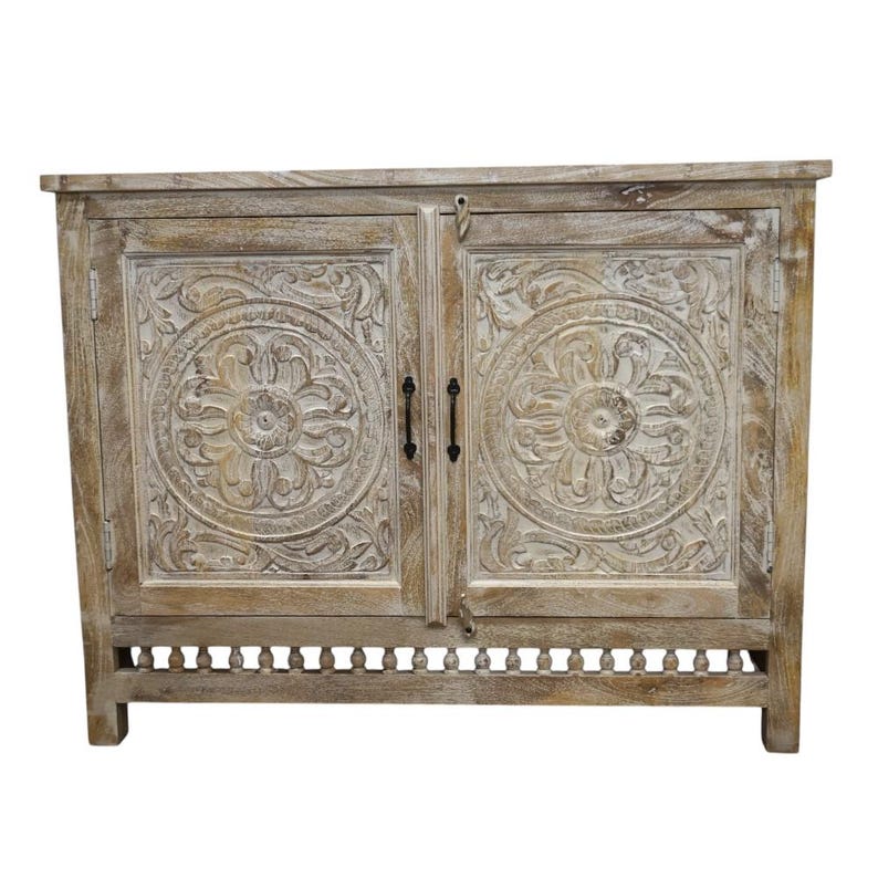 Hand-Carved Mango Wood Sideboard: Sandblasted Buffet Cabinet Limited Stock image 3