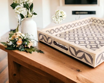 Large Decorative Serving Tray with Elegant Geometric Motif Gray and White Inlay  18x14x2