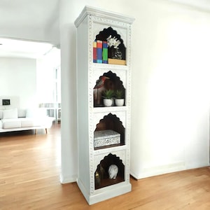 Hand-crafted Solid Wood Tall Narrow Four Shelf Display Bookcase with Hand-carved Detailed Arched Design