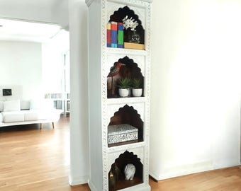 Hand-crafted Solid Wood Tall Narrow Four Shelf Display Bookcase with Hand-carved Detailed Arched Design