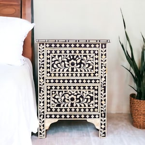 Monochrome Black and White Inlay Nightstand Accent Table 18x12x24 Two Drawers For Storage