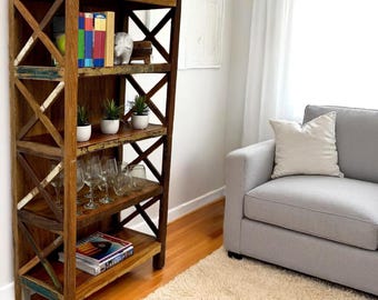 Hand-Crafted Reclaimed Wood Bookcase: 57.5" Tall, X-Brace Design
