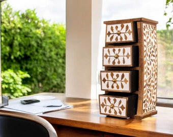 Hand-Crafted Teak Inlay 4-Drawer Organizer: Curved Desk Caddy