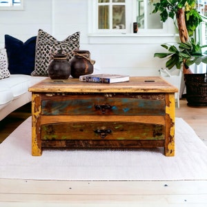 Farmhouse Coffee Table With Two Drawers And Hidden Trunk Storage Handmade Reclaimed Wood