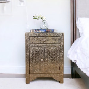 Hand-crafted Side Table/Nightstand 1 Drawer, 2 Door White Metal Embossed Accent Table 18x13x24