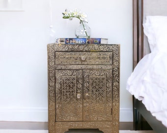 Last 1! White Metal Embossed Side Table Nightstand 1 Drawer, 2 Door Accent Table 18x13x24
