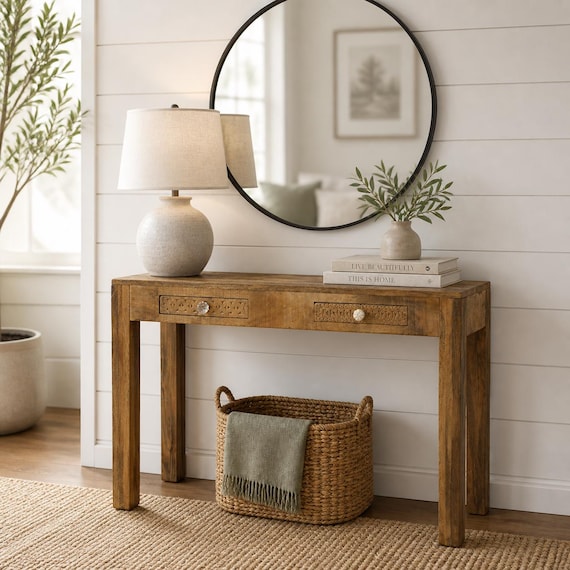 Hand-Carved Mango Wood Console Table with Drawers: Entryway or Sofa Table