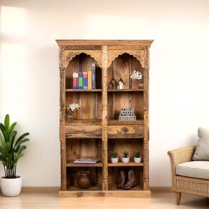 Large Hand-crafted Solid Natural Wood Bookcase with Hand-carved Detail 8 Shelves and 2 Drawers Fully Assembled Display Bookshelf