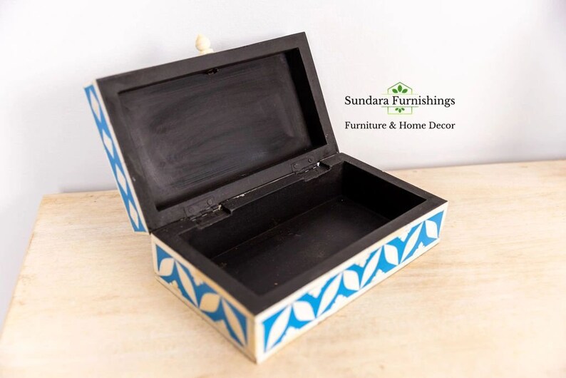 Hand-crafted Blue Inlay Jewelry Box: Floral Geometric Keepsake (9x5x3 ...
