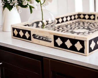 Bone Inlay Serving Tray, Black and White Floral Ottoman Tray (18x14x2)