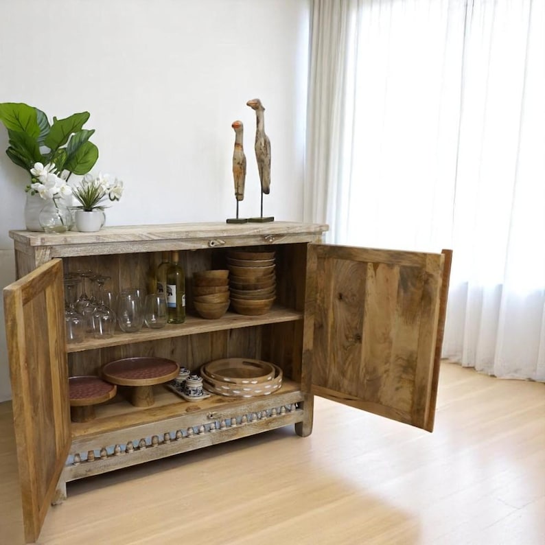 Hand-Carved Mango Wood Sideboard: Sandblasted Buffet Cabinet Limited Stock image 2