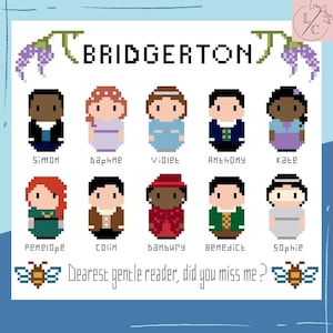 Puede incluir: Una impresión de arte pixelado con personajes de la serie "Bridgerton". El diseño incluye los nombres Simon, Daphne, Violet, Anthony, Kate, Penelope, Colin, Danbury, Benedict y Sophie. También se incluye el texto "Dearest gentle reader, did you miss me?".