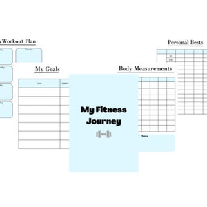 May include: A fitness journal with sections for workout plans, goals, body measurements, and personal bests. The journal's central design features the text "My Fitness Journey" with a dumbbell graphic, all on a light blue background.