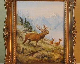 Vintage oil painting original Arno Zetzmann deer framed 33x40