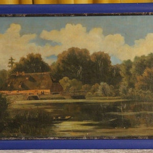 Antique oil painting 19th century house on the lake romantic 35x50 image 4