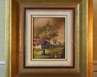 Vintage oil painting 21x19 or 9x7 miniature original village framed