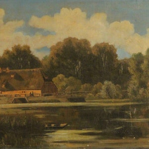 Antique oil painting 19th century house on the lake romantic 35x50 image 1