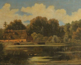 Antique oil painting 19th century house on the lake romantic 35x50