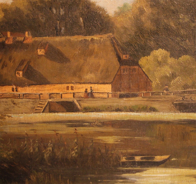 Antique oil painting 19th century house on the lake romantic 35x50 image 3