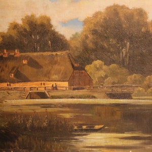 Antique oil painting 19th century house on the lake romantic 35x50 image 2