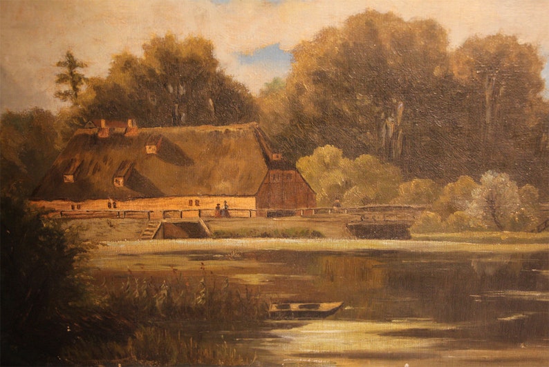Antique oil painting 19th century house on the lake romantic 35x50 image 2