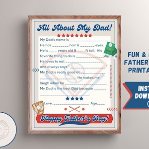 Fête des pères imprimable | Tout sur mon père | Cadeau pour la fête des pères pour les enfants d'âge préscolaire | Questionnaire papa | Baseball papa imprimable | Remplissez le champ