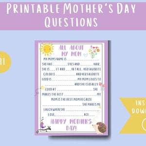 Perguntas para imprimir sobre tudo sobre minha mãe | Imprimível para o Dia das Mães | Presente para imprimir para o Dia das Mães | Atividade para a pré-escola para o Dia das Mães |