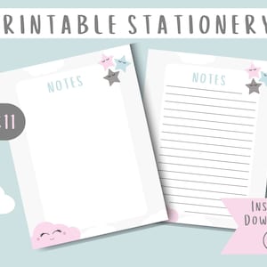 Printable Stationery | Notepad Paper | Stars & Cloud | Printable Notepad Paper | Whimsical Stationery | Lined Unlined | Instant Download