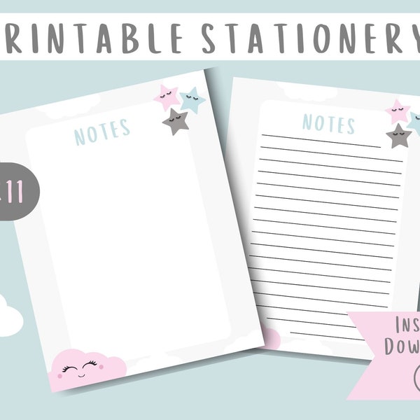 Printable Stationery | Notepad Paper | Stars & Cloud | Printable Notepad Paper | Whimsical Stationery | Lined Unlined | Instant Download