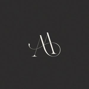 Pode incluir: Logotipo de monograma branco elegante com as letras "A" e "B" entrelaçadas em um fundo cinza escuro. O design tem um estilo clássico e sofisticado com uma escrita fluida e linhas limpas, adequado para branding ou uso pessoal.