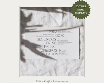 Modello di menù per matrimonio Alejandra / Modificabile in Corjl, Menù di matrimonio stampabile, Download immediato