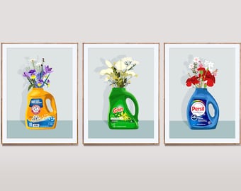 Laundry Room Wall Art, Set of 3, Instant Download, Pastel Colors, Flower Print, Quirky Poster, Contemporary Home Decor, Utility Room, SET011
