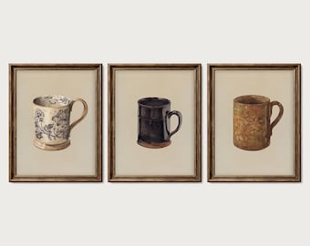 Vintage Mug Print Set of 3 Kitchen Wall Art Coffee Cup Prints Rustic Farmhouse Decor SET028