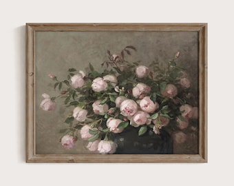 Pink Roses Oil Painting Moody Antique Floral Printable Wall Art PTS077
