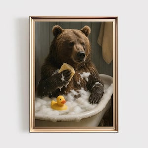 Decorazione rustica per bagno con orso e anatra, stampa con animali selvatici in stile baita, decorazione con animali umoristici per pareti di bagni rustici o in stile lodge, bagno divertente, PRINT108