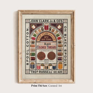 May include: Vintage framed advertisement for John Clark Jr. & Co.'s thread. The print features colorful spools of thread, with text reading "White, Black and Colored Threads" and "Best Six-Cord." The frame is a light brown color.
